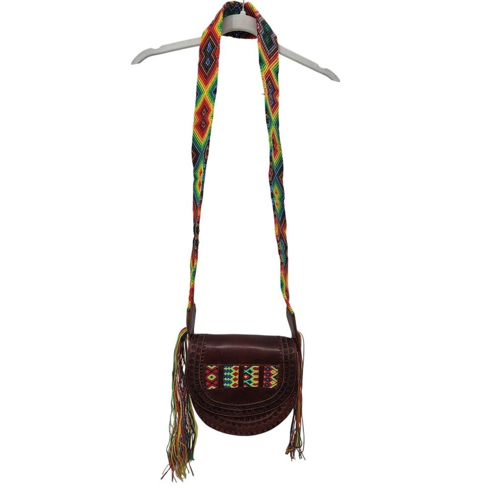 Handmade Tooled Leather Boho Bag Cross Body Rainbow Fringe Small